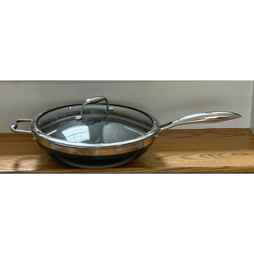 HexClad 12"Hybrid Stainless Steel Nonstick Wok with Lid Induction Oven Safe NOB